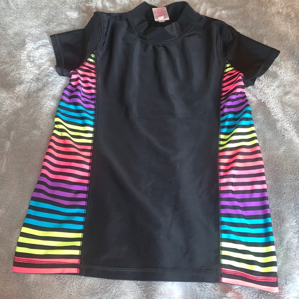 Xhilaration Rash Guard Swim Shirt Top Black Multi Color Stripes Size Large 10-12